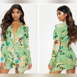 NWT Pretty Little Thing Green Floral Mini Dress‎ Size 12